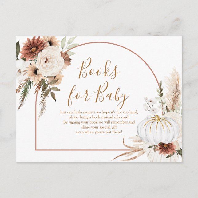 Boho Arch White Pumpkin - Bring a book insert Invitation Postcard (Front)