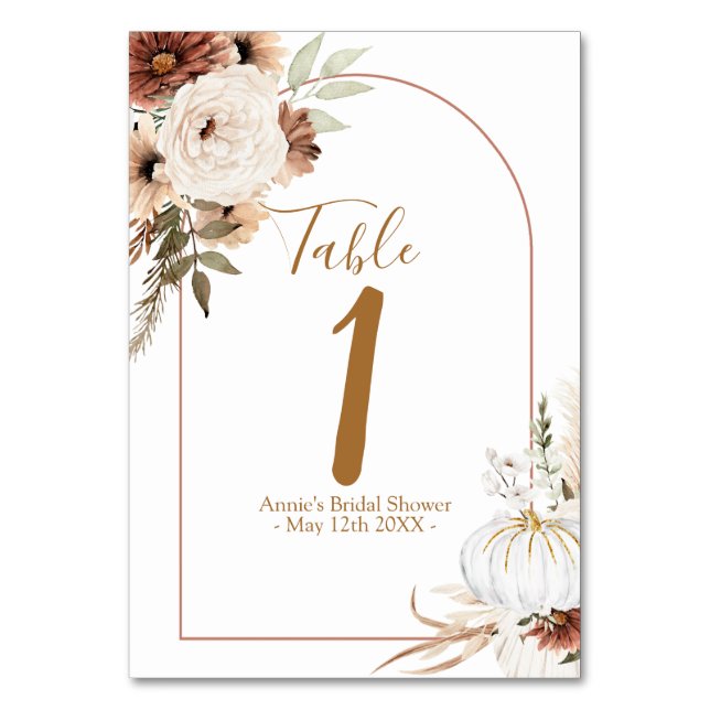 Boho Arch White Pumpkin Floral Modern Table Number (Front)