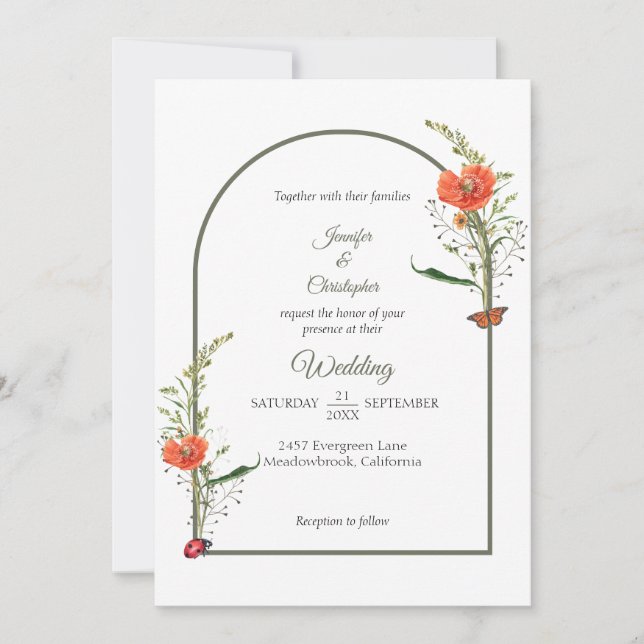 Boho Arch Wildflower Green Wedding Invitation (Front)