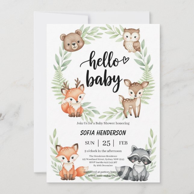 Boho Arch with Greenery and Woodland Forest Animal Invitation (Front)