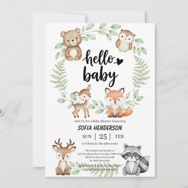 Boho Arch with Greenery and Woodland Forest Animal Invitation (Front)