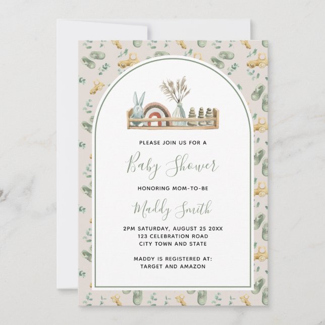 Boho Arch Wood Toys Green Rainbow Baby Shower Invitation (Front)