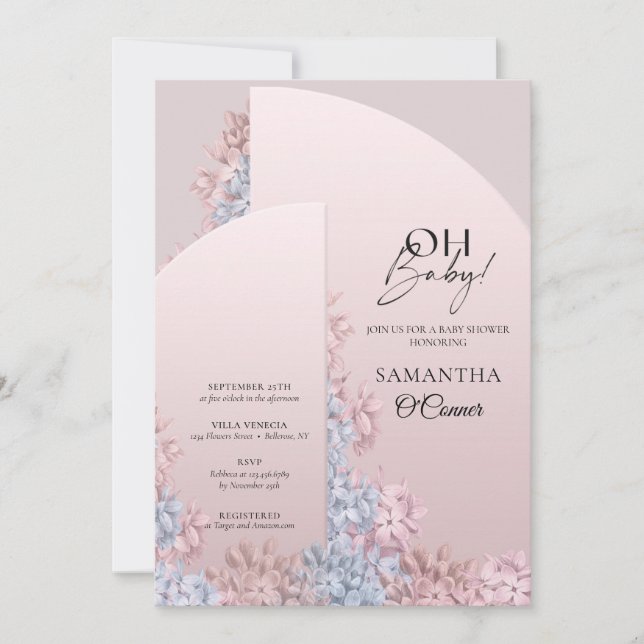 Boho arched frame powder pink hyacinths oh baby invitation (Front)