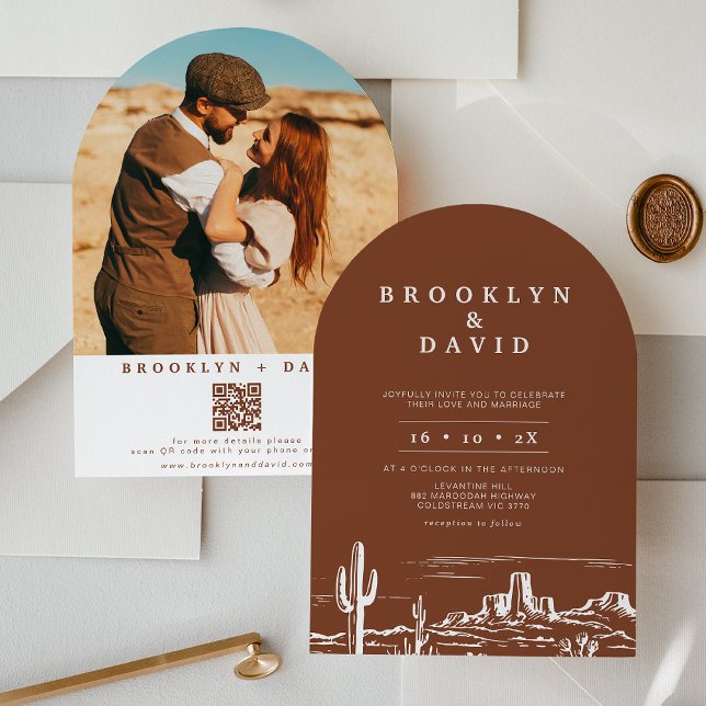 Boho Arched Terracotta Western Desert Wedding Invitation (Arched Terracotta Western Desert Wedding Invitation, Boho, Bohemian, Southern Country, Western)