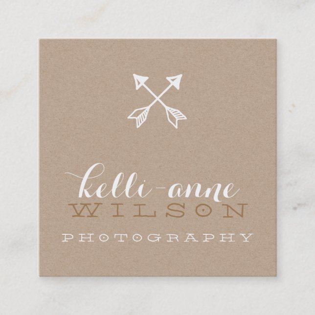 BOHO ARROW LOGO rustic modern white kraft Square Business Card (Front)