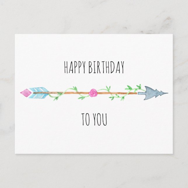 Boho Arrow Pink Floral and Foliage Happy Birthday Postcard (Front)