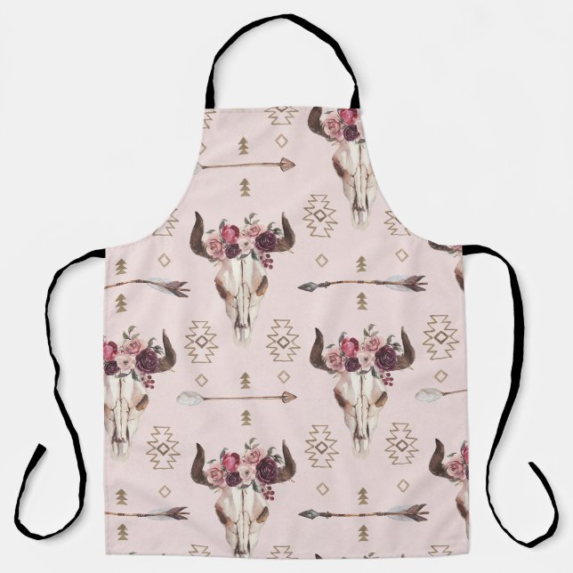 Boho arrows and skull, watercolor pattern. apron (Front)
