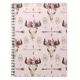 Boho arrows and skull, watercolor pattern. notebook
