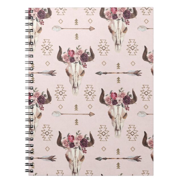 Boho arrows and skull, watercolor pattern. notebook (Front)