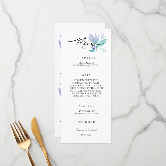 Boho Artistic Blue Floral Garden Watercolor Menu (Front/Back In Situ)