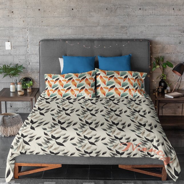 Boho artistic orange blue black leaves decorative cushion (Creator Uploaded)