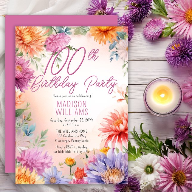 Boho Aster Flowers Floral 100th Birthday Party Invitation (Elegant Boho Aster Flowers Floral 100th Birthday Party Invitation - Print | Digital Download)