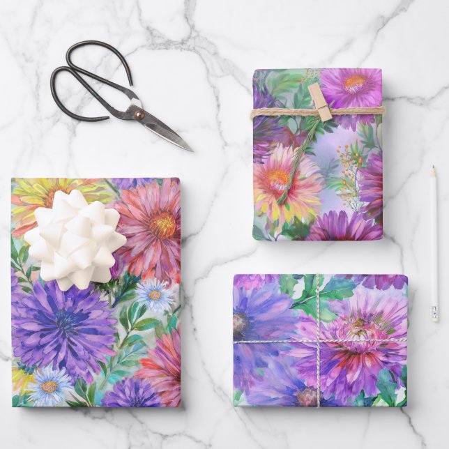 Boho Aster Flowers Floral Wrapping Paper Sheet (Front)