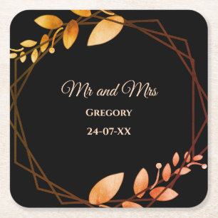 Boho autumn botanical gold frame wedding square paper coaster
