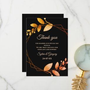 Boho autumn botanical gold frame wedding thank you card