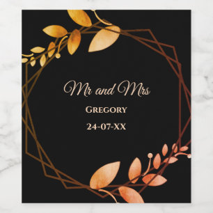 Boho autumn botanical gold frame wedding wine label