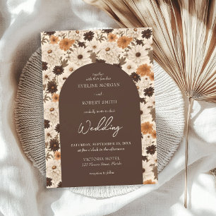 Boho autumn brown dusty orange ivory arched invitation