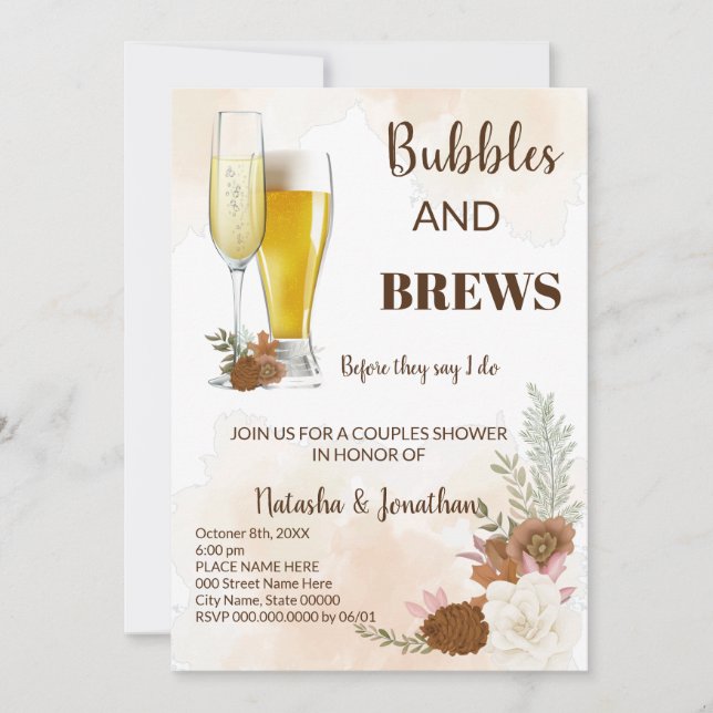 Boho Autumn Bubble & Brews Couples Shower Invitation (Front)