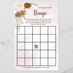 Boho Autumn Floral Bridal Shower Bingo Game Card
