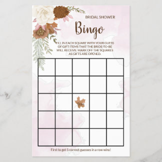 Boho Autumn Floral Bridal Shower Bingo Game Card