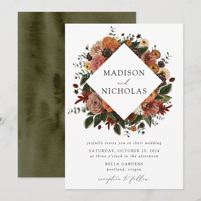 Boho Autumn Floral Frame Wedding Invitation (Front/Back)
