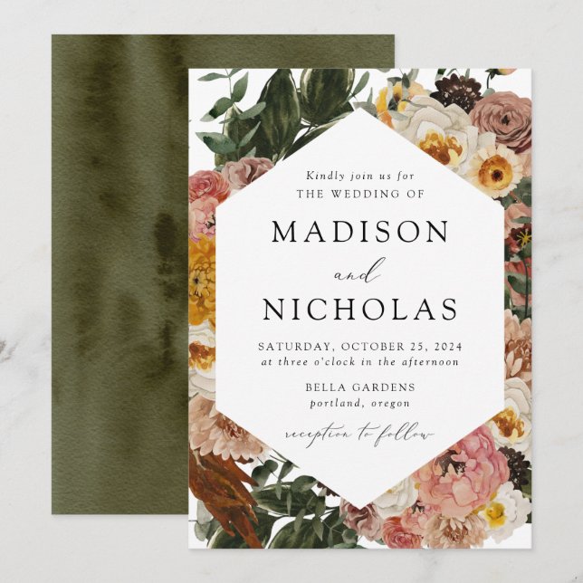 Boho Autumn Floral Geometric Frame Wedding Invitation (Front/Back)