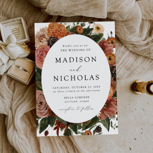 Boho Autumn Floral Oval Frame Wedding Invitation