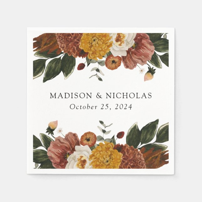 Boho Autumn Floral Personalised Wedding Napkin (Front)