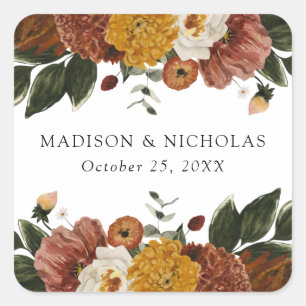 Boho Autumn Floral Personalised Wedding Square Sticker