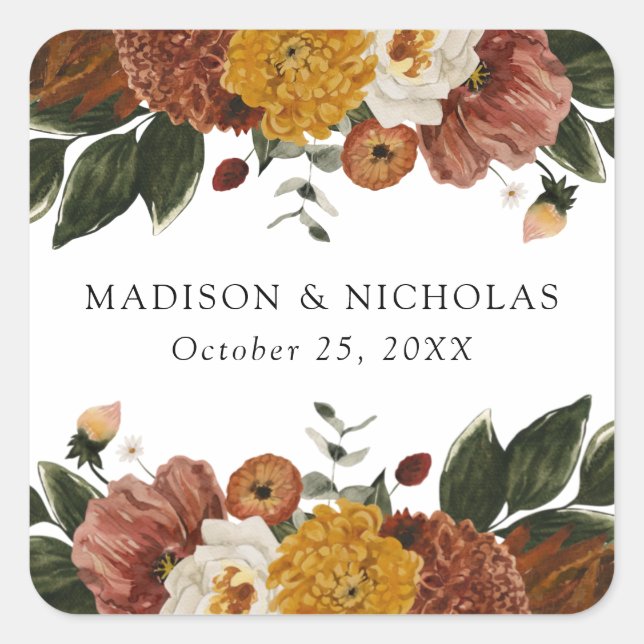 Boho Autumn Floral Personalised Wedding Square Sticker (Front)