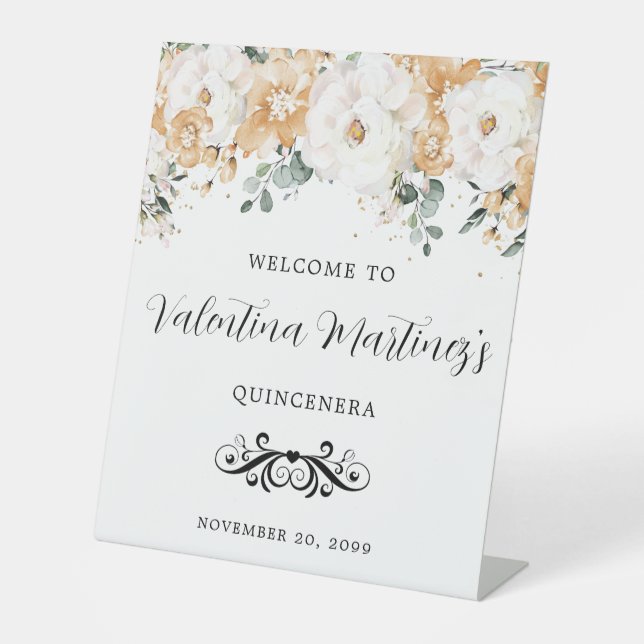 Boho Autumn Floral Quinceanera Welcome  Pedestal Sign (Front)