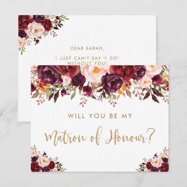 Boho Autumn Floral Will You Be My Matron of Honour Invitation (Front/Back)