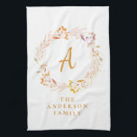 Boho Autumn Floral Wreath | Personalised Name  Tea Towel<br><div class="desc">Add a touch of personalised elegance to your kitchen with this beautiful watercolor wreath kitchen towel. Featuring a delicate arrangement of botanical elements in soft, inviting hues, this towel is customised with your family name and initial, making it a truly unique piece. Perfect for adding a touch of rustic charm...</div>