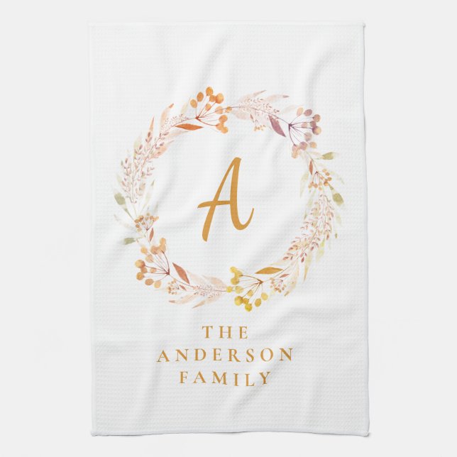 Boho Autumn Floral Wreath | Personalised Name  Tea Towel (Vertical)
