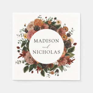 Boho Autumn Floral Wreath Personalised Wedding Napkin