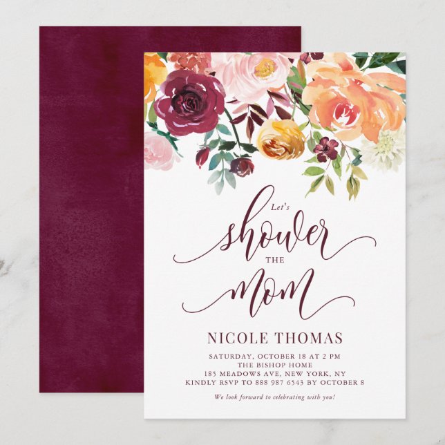 Boho Autumn Flowers Garland Script Baby Shower Invitation (Front/Back)