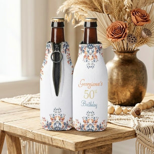 Boho Autumn Leaves 50th Birthday Personalised Bott Bottle Cooler