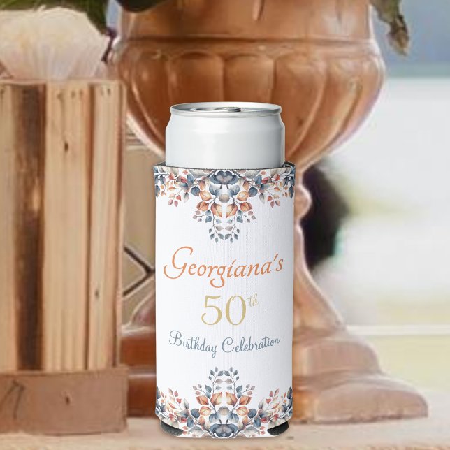 Boho Autumn Leaves 50th Birthday Seltzer Can Cooler (Creator Uploaded)