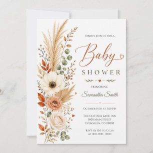 Boho Autumn Neutral Pampas Floral Baby Shower Invitation