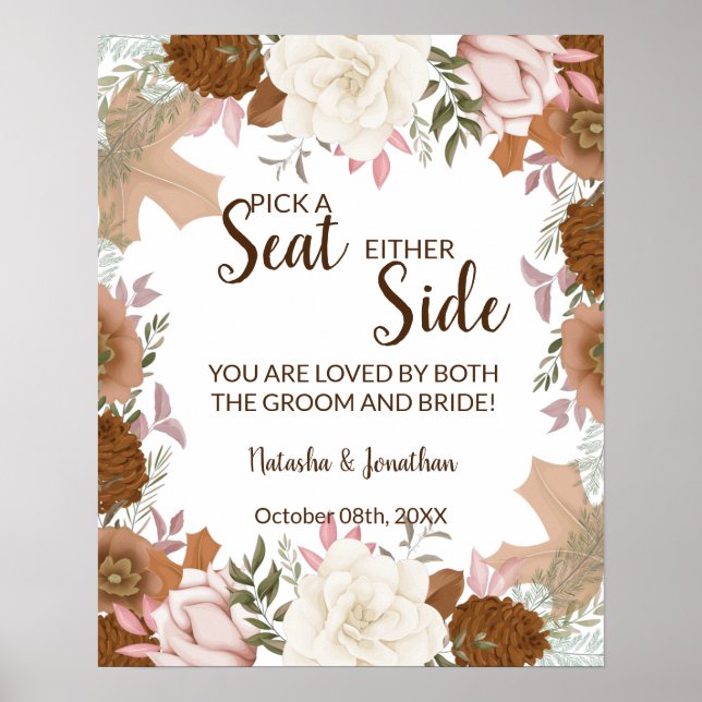 Boho Autumn Pick a Seat Either Side Wedding Sign (Front)