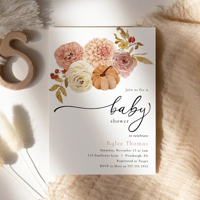 Boho Autumn Pumpkin Fall Baby Girl Shower Invitation (Creator Uploaded)