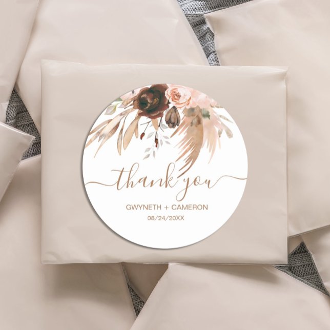 Boho Autumn Pumpkin Shower Thank You Classic Round Sticker (#zazzlemade #thankyousticker #fall #bohothankyousticker #autumnfloral)