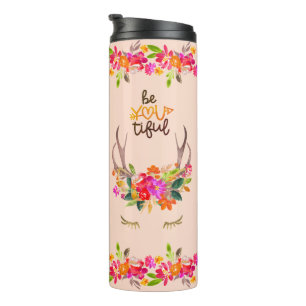 Boho Autumn Reindeer Lashers Floral  Deer Antlers Thermal Tumbler