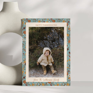 Boho Autumn Rustic Blue Floral Photo Thanksgiving Holiday Card