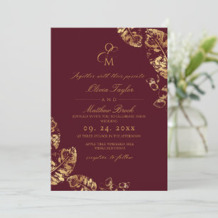 Boho Autumn Rustic Burgundy & Gold Wedding Invitation