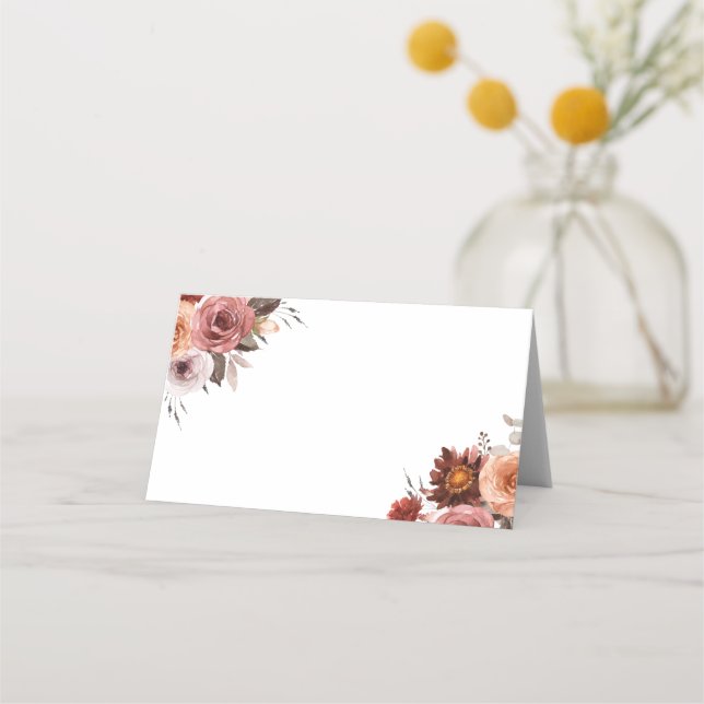Boho Autumn Watercolor Floral Bouquet Wedding  Place Card (Front)