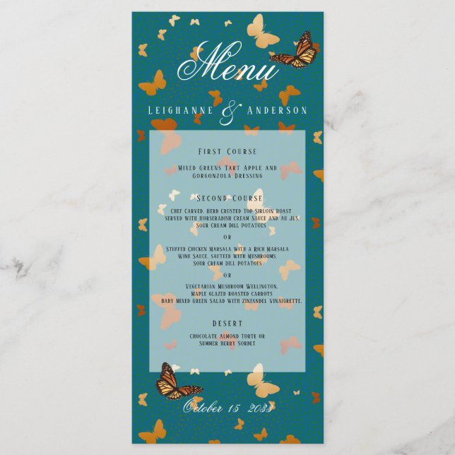 Boho Autumn Wedding Copper and Teal Butterfly Menu (Front)