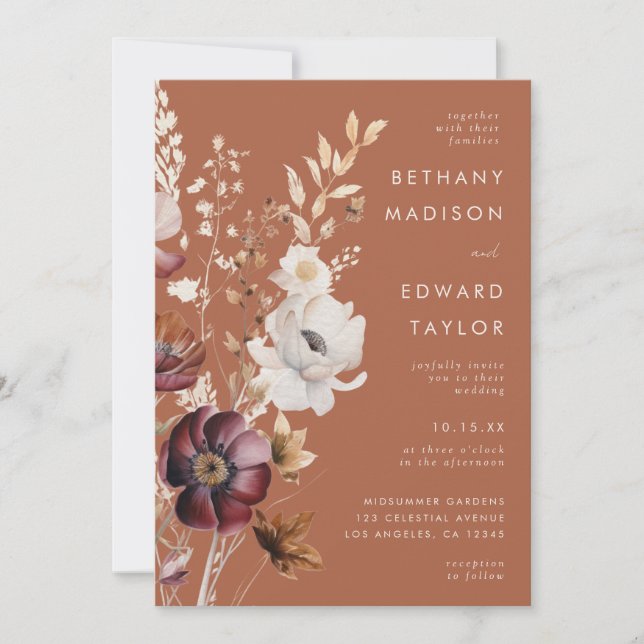 Boho Autumn Wildflower All-In-One Wedding Invitation (Front)