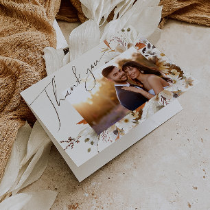 Boho Autumn Wildflower   Beige Folded Photo Thank You Card