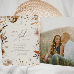 Boho Autumn Wildflower Beige Photo Casual Wedding Invitation